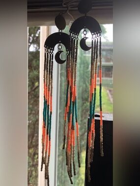 Artisan Made Boho Crescent Moon Beaded Fringe Earrings - Coral & Teal
